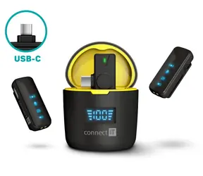 Connect IT ClipMic Pro USB-C Zestaw 2 mikrofonów bezprzewodowych z odbiornikiem USB-C, czarny / zasięg 20 m / czas pracy baterii 5 godz.