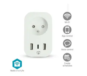 Gniazdo inteligentne Nedis SmartLife / Wi-Fi / IP21 / Miernik mocy / 3680 W / 1x USB-C / 2x USB 