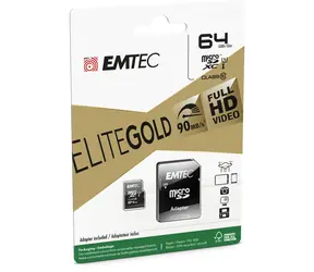 Karta micro SDXC EMTEC Elite Gold 64 GB + adapter SD / U1 / klasa 10 / odczyt: 90 MB / zapis: 20 MB / odpowiedni dla FHD