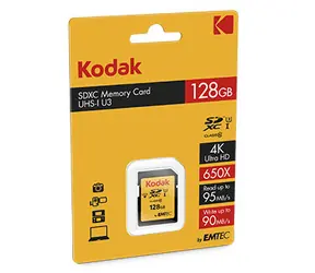EMTEC Kodak SDXC 128 GB / klasa 10 / UHS-I / U3 / odczyt: 95 MB / zapis: 90 MB / odpowiedni dla 4K