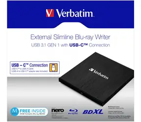 Verbatim Slimline czarny / Zewnętrzna nagrywarka Blu-ray + DVD / USB 3.1 Gen. 1 / USB-C