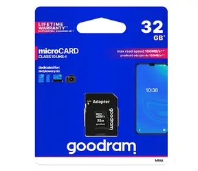 Goodram microSDHC 32GB + adapter / Klasa 10 / UHS-I U1 / R: 100 MBs / Szer. : 10 MBs
