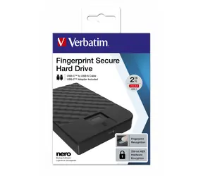 Verbatim Fingerprint Secure HDD 2 TB czarny / Zewnętrzny dysk twardy / 2,5" SATA / USB-C 3.1 Gen 1 / odcisk palca / szyfrowanie