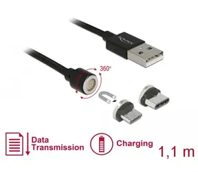 DeLock Zestaw magnetycznych kabli USB do transmisji danych i zasilania do Micro USB i USB Type-C 1,1 m, czarny