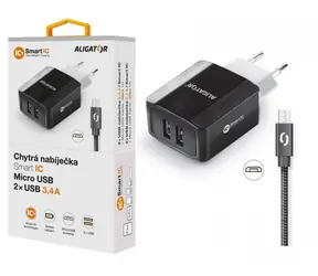 Ładowarka sieciowa Aligator Smart 3,4A kabel micro USB 2A czarny/2xUSB/ SMART IC