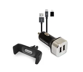 Mobilny zestaw samochodowy RealPower / uchwyt na telefon i 2-portowa ładowarka USB / microUSB do Lightning