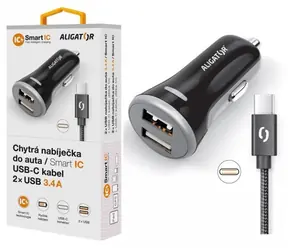 Ładowarka samochodowa Aligator Smart 3,4A czarna + kabel USB-C/2xUSB/ SMART IC 