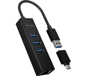 Icy Box IB-HUB1419-LAN Hub USB czarny / 3x USB 3.0 / Gigabit LAN
