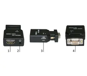 Konwerter MicroConnect mini VGA (M) - HDMI (F) z gniazdem mini jack i ładowaniem USB, czarny