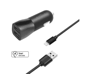 FIXED ładowarka samochodowa USB + kabel USB-A na Lightning czarny / 15W / 2x USB / SMART Rapid / do zapalniczki samochodowej