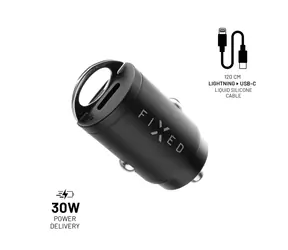 FIXED Zestaw ładowarki samochodowej z wyjściem 2xUSB-C i kablem USB-C/Lightning czarny / obsługa PD / 1,2 metr / MFI / 30W 