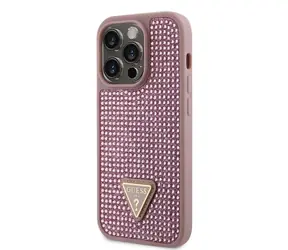 Metalowe etui z Logo Guess Rhinestones Triangle do Apple iPhone 14 Pro w kolorze różowym / Wyprzedane