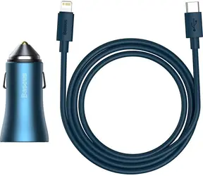Baseus TZCCJD-03 Golden Stycznik Do ładowarki samochodowej niebieski / 1x USB-A / 1x USB-C / Kabel USB-C (M) - Lightning (M) 