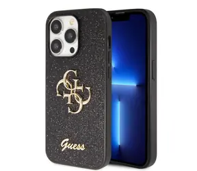 Tylna obudowa Guess PU FIXED Glitter 4G z metalowym Logo do Apple iPhone 15 Pro Max w kolorze czarnym