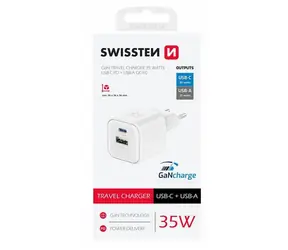 Adapter sieciowy Swissten GaN USB-A/USB-C 35W biały / PD / QC