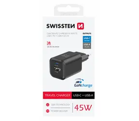 Swissten Adapter sieciowy GaN USB-C/USB-A czarny / 45W / QC / PD