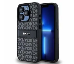 Tylna obudowa DKNY ze skóry PU z powtarzalnym wzorem w tonalne paski do Apple iPhone 15 Pro Max w kolorze czarnym