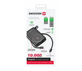 Swissten 22013933 POWER BANK 10000 mAh czarny / Power Bank / 22,5 W / USB-C i USB i Lightning / Qi