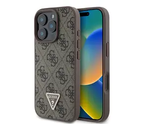 Tylna obudowa Guess PU 4G Strass Triangle Metal Logo do Apple iPhone 16 Pro Max Brown