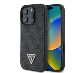 Tylna obudowa Guess PU 4G Strass Triangle Metal Logo do Apple iPhone 16 Pro w kolorze czarnym