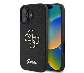 Tylna obudowa Guess PU FIXED Glitter 4G z metalowym Logo do Apple iPhone 16 w kolorze czarnym