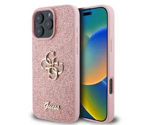 Tylna obudowa Guess PU FIXED Glitter 4G z metalowym Logo do Apple iPhone 16 Pro Max, różowa