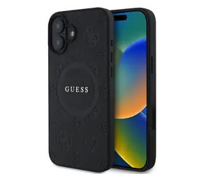 Tylna obudowa Guess Saffiano Peony Stamp MagSafe do Apple iPhone 16 czarna