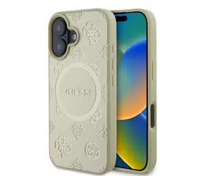 Obudowa tylna Guess Saffiano Peony Stamp MagSafe do Apple iPhone 16 złota