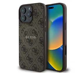 Tylna obudowa Guess PU Leather 4G Colored Ring MagSafe do Apple iPhone 16 Pro brązowa