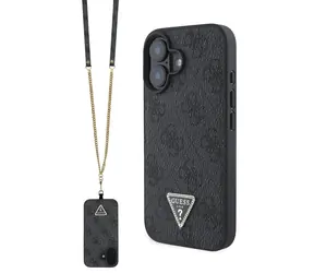 Tylna obudowa Guess PU 4G Strass Triangle Metal Logo + pasek na ramię do Apple iPhone 16 w kolorze czarnym