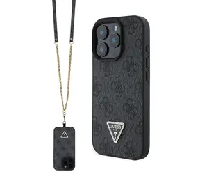 Tylna obudowa Guess PU 4G Strass Triangle Metal Logo + pasek na ramię do Apple iPhone 16 Pro w kolorze czarnym