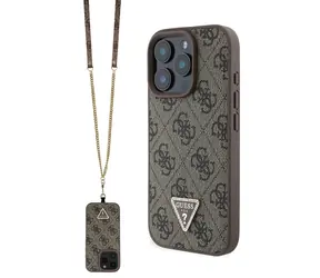 Tylna obudowa Guess PU 4G Strass Triangle Metal Logo + pasek na ramię do Apple iPhone 16 Pro Brown