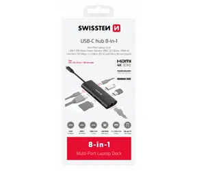Swissten HUB USB-C 8 w 1 / USB-C PD / USB-C 3.0 / 2x USB 3.0 / LAN / HDMI / SD / MicroSD / aluminium