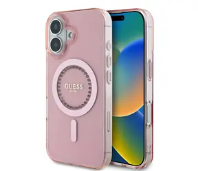 Tylna obudowa Guess IML Rhinestones Ring MagSafe do Apple iPhone 16 różowa