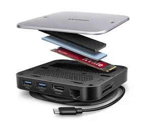 Axagon HMC-UFO, koncentrator USB 10 Gb/s, 2x USB-A, USB-C, HDMI 4k/60, RJ-45, gniazdo M.2, SD/mSD, audio, PD 100 W, kabel USB-C 65 cm