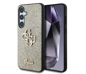 Tylna obudowa Guess PU FIXED Glitter 4G z metalowym Logo do Samsung Galaxy S25 Gold