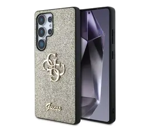 Tylna obudowa Guess PU FIXED Glitter 4G z metalowym Logo do Samsung Galaxy S25 Ultra Gold
