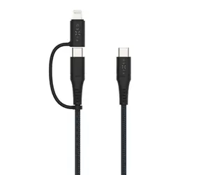 FIXED Pleciony kabel do ładowania i transmisji danych ze złączami USB-C/USB-C i adapterem Lightning PD 1,2 m MFi PD 60W szary