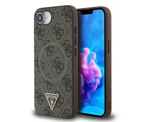 Guess PU 4G Strass Triangle Metal Logo Tylna Etui na iPhone 16e brązowe