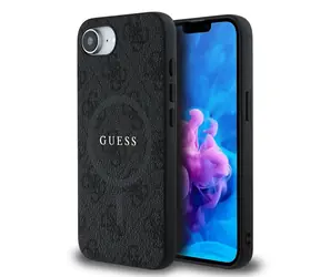 Guess PU Leather 4G Kolorowy pierścień MagSafe Tylna obudowa do iPhone'a 16e czarny