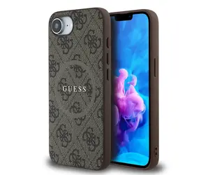Guess PU Leather 4G Kolorowy pierścień MagSafe Tylna obudowa do iPhone'a 16e brązowa