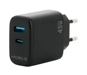 Ładowarka ścienna Mobilis 45W czarna / 1x USB-A / 1x USB-C