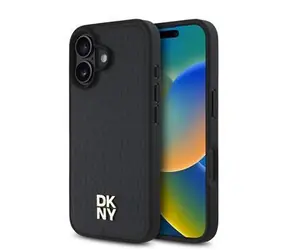 Etui tylne DKNY ze skóry PU z powtarzającym się wzorem Stack Logo MagSafe do iPhone'a 16 w kolorze czarnym