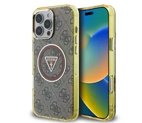 Guess IML 4G Brokat i trójkątne Logo MagSafe Tylna obudowa do iPhone'a 16 Pro Max Brązowa