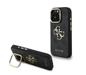 Guess PU 4G Metalowa obudowa z Logo i ramką na aparat do iPhone 15 Pro Max, czarna