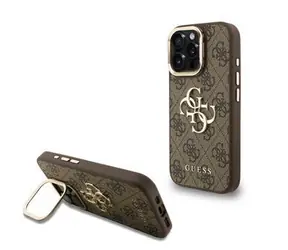 Guess PU 4G Metalowa obudowa z Logo i ramką na aparat do iPhone 15 Pro Max, brązowa