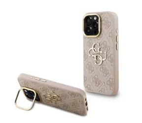 Guess PU 4G Metalowa obudowa z Logo i ramką na aparat do iPhone 15 Pro Max w kolorze różowym