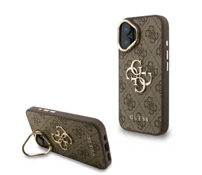 Guess PU 4G Metalowa obudowa z Logo i ramką aparatu na tył iPhone'a 16, brązowa