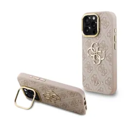 Guess PU 4G Metalowa obudowa z Logo i ramką aparatu na tył iPhone'a 16 Pro w kolorze różowym