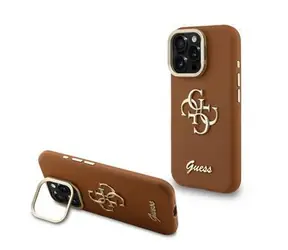 Guess PU Grained 4G Logo Stojak Ramka Aparatu Tylna Etui na iPhone 15 Pro Max Brązowe